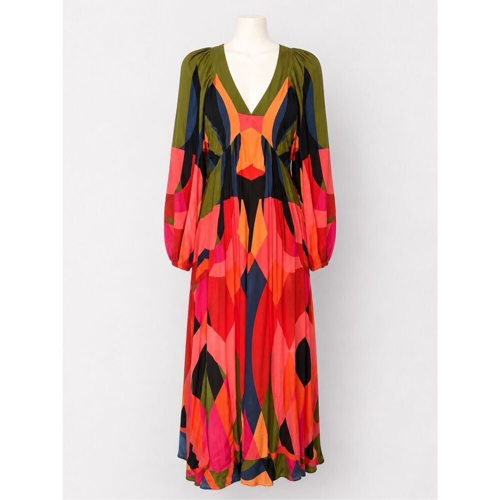 FARM Rio for Anthropologie Maxi Dress Size Small Multicolor Geometric Open Back